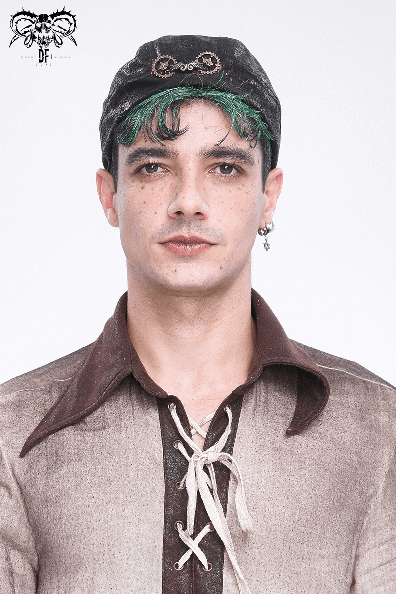 Stylish model wearing a steampunk bandana with gears, showcasing a bold, eclectic fashion statement.
