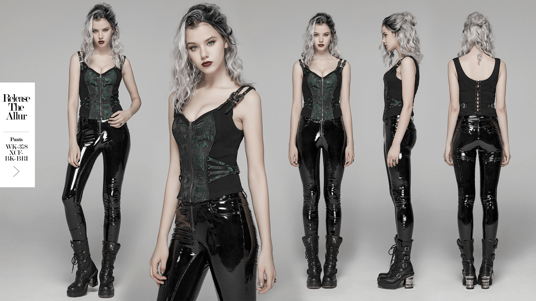 Victorian women's tight jacquard waistcoat with green vine pattern and lace-up front, styled with shiny black pants and boots.