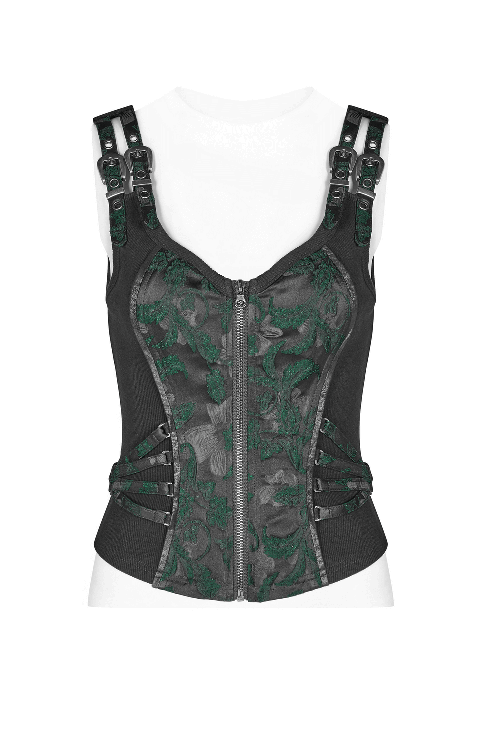 Steampunk tight jacquard waistcoat featuring green vine patterns, buckles, and a front zipper for a gothic flair.