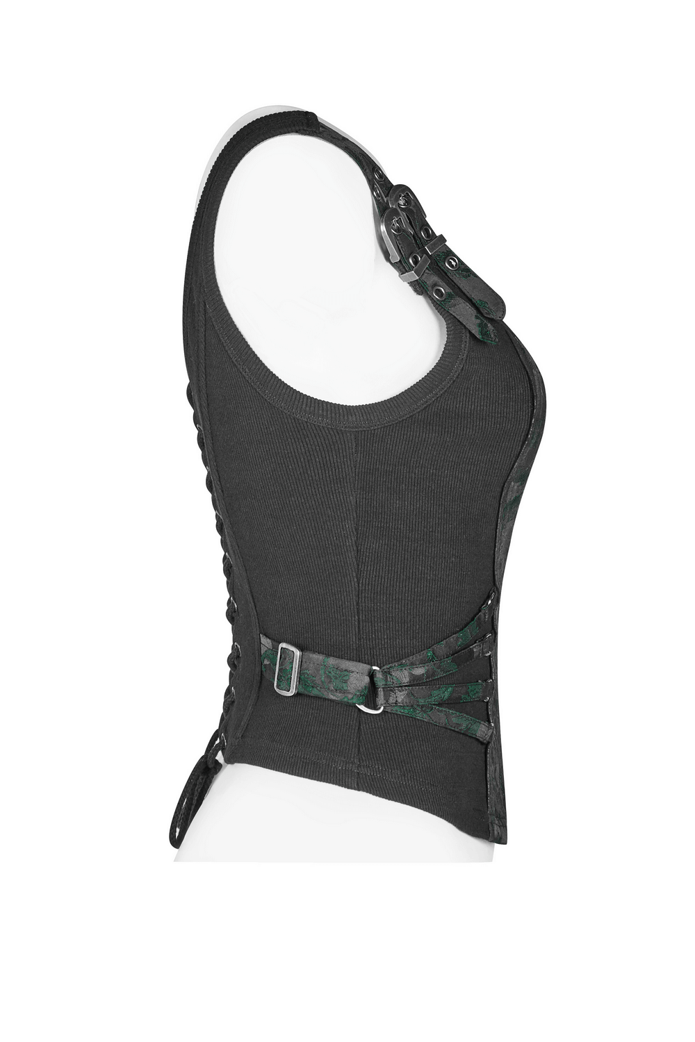 Steampunk women's jacquard waistcoat with buckles, zipper, and green vine pattern, perfect for gothic fashion.