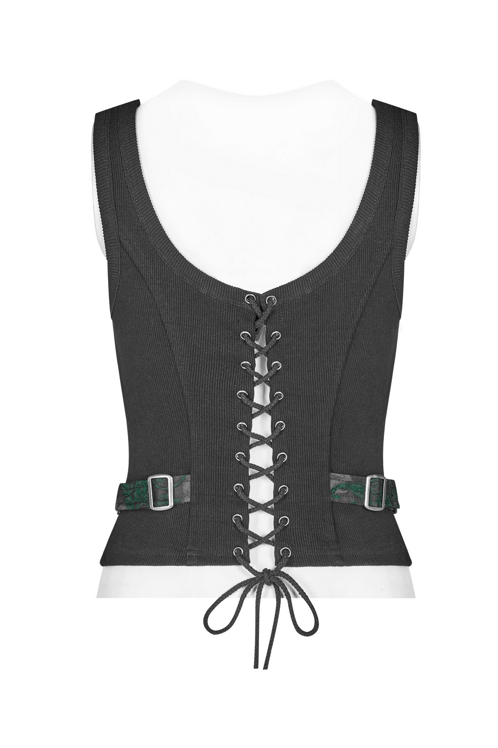Back view of a black steampunk waistcoat featuring lace-up detail and adjustable buckles for a gothic style.