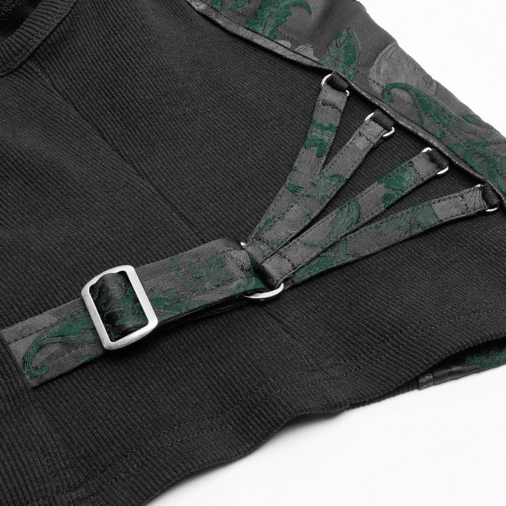 Close-up of the steampunk jacquard waistcoat featuring green vine patterns and adjustable buckles for a gothic look.