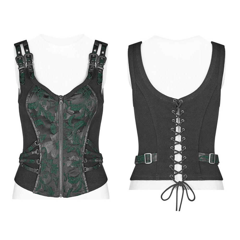 Steampunk tight jacquard waistcoat with buckles and zipper, featuring a green vine pattern and lace-up back.