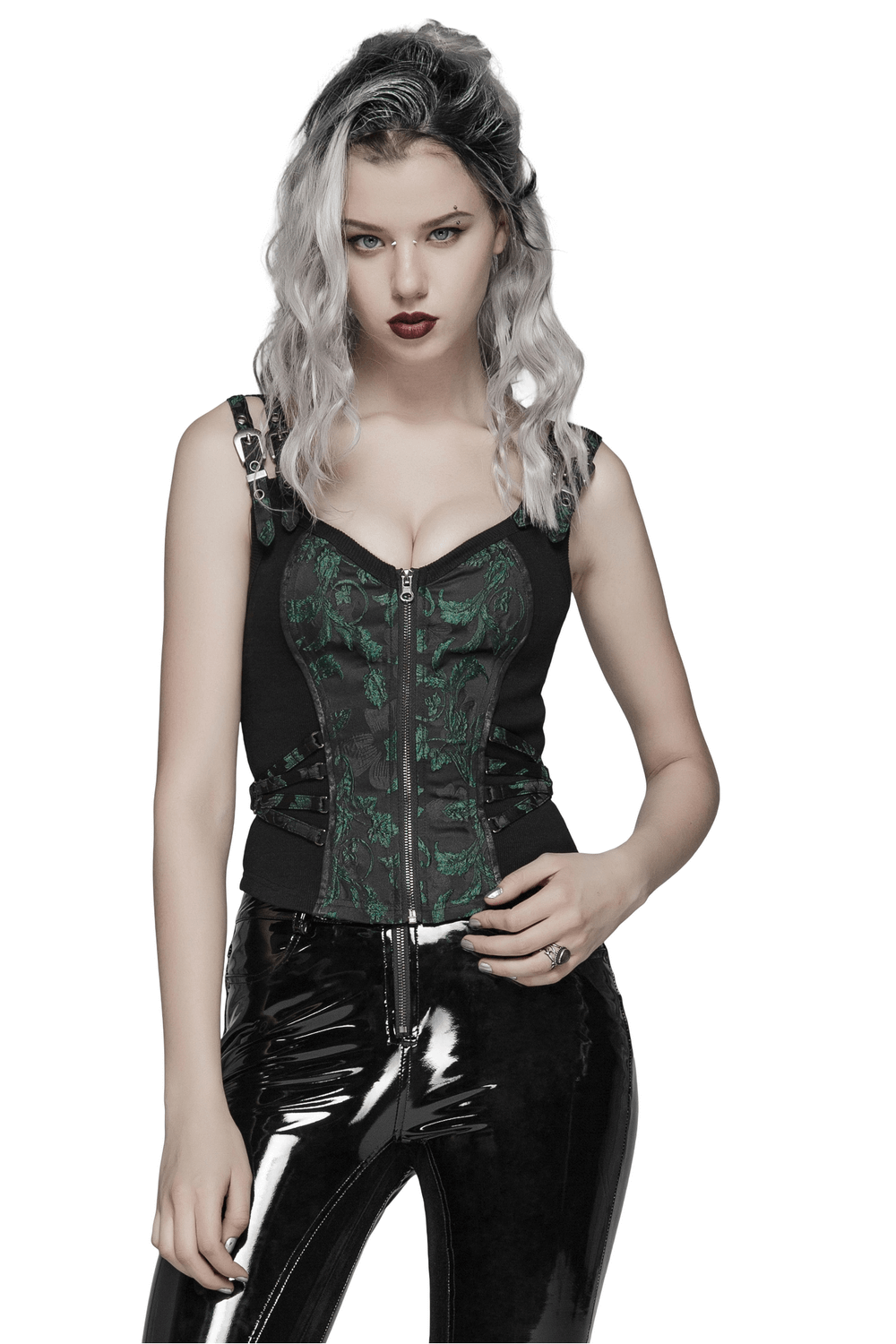 Lace Patent Leather Corset with Zipper Front and Lace-up Back