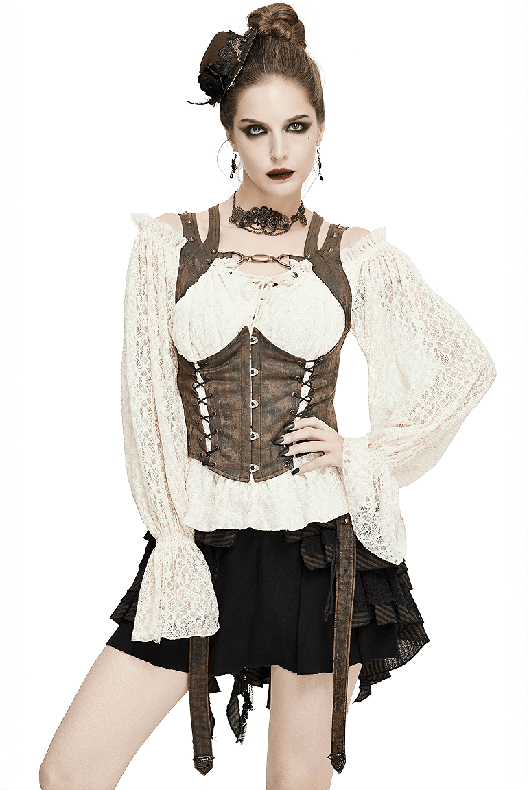 Steampunk Tight Waistcoat with Rivets / Vintage Brown Vest with Lace up on Back for Women - HARD'N'HEAVY