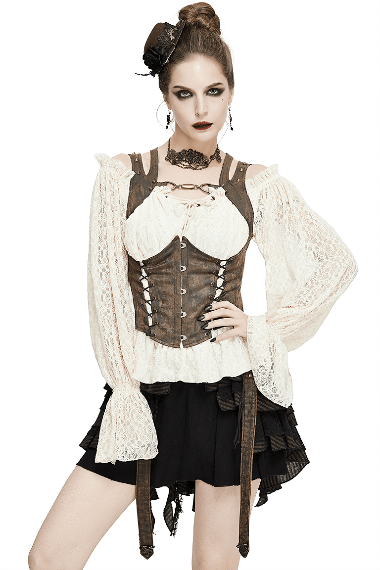 Steampunk women's brown PU leather vest with lace-up back and bronze rivets, styled for a retro vintage look.