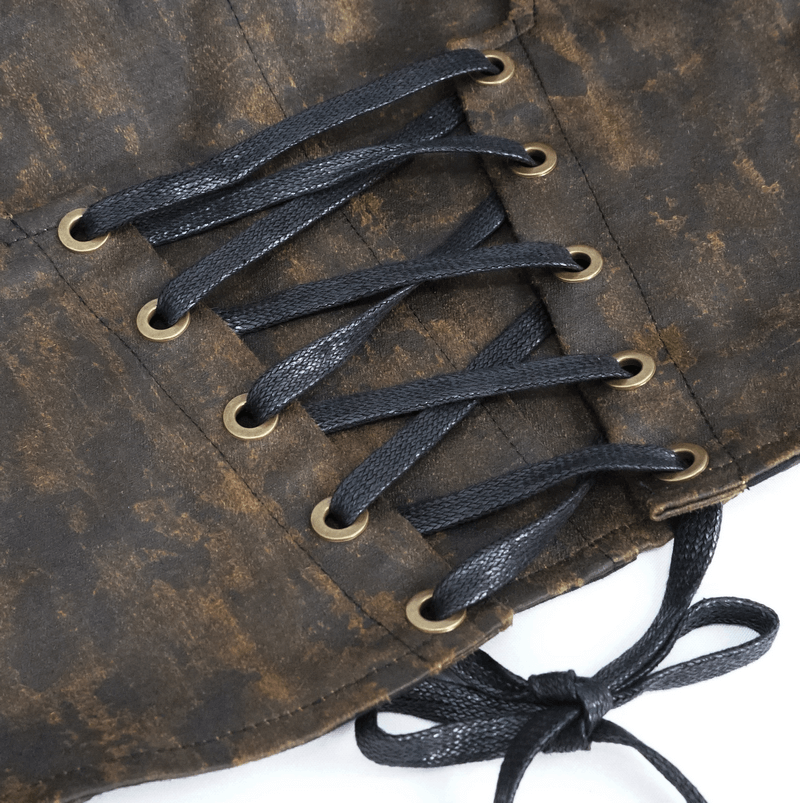 Close-up of vintage brown steampunk vest showing lace-up detail and bronze rivets, highlighting its unique design.