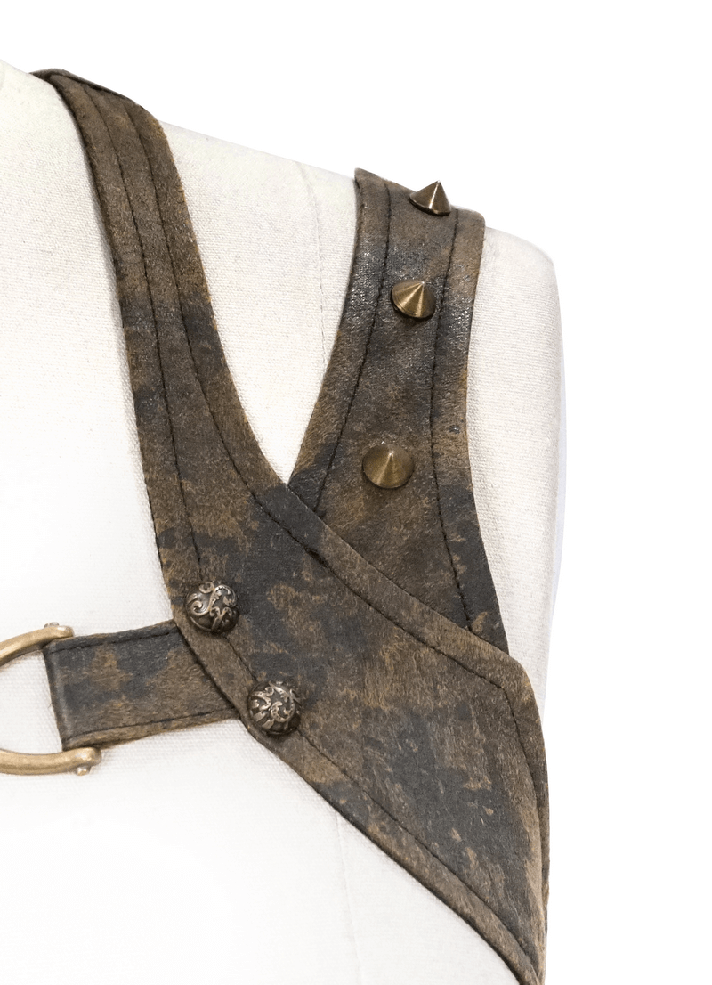 Close-up of a steampunk-style women's brown PU leather vest with bronze rivets and stylish buckle decoration.
