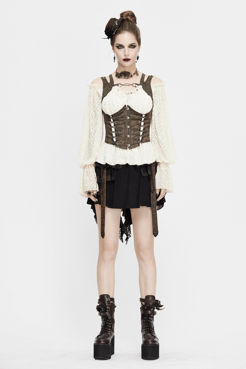 Woman wearing a steampunk brown waistcoat over a white blouse, paired with a black skirt and stylish lace-up boots.