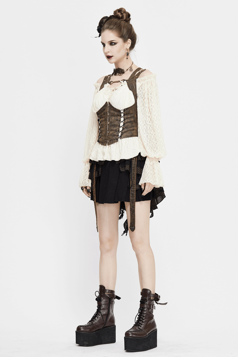 Stylish woman in steampunk fashion wearing a brown leather vest over a white top and black skirt, complete with platform boots.