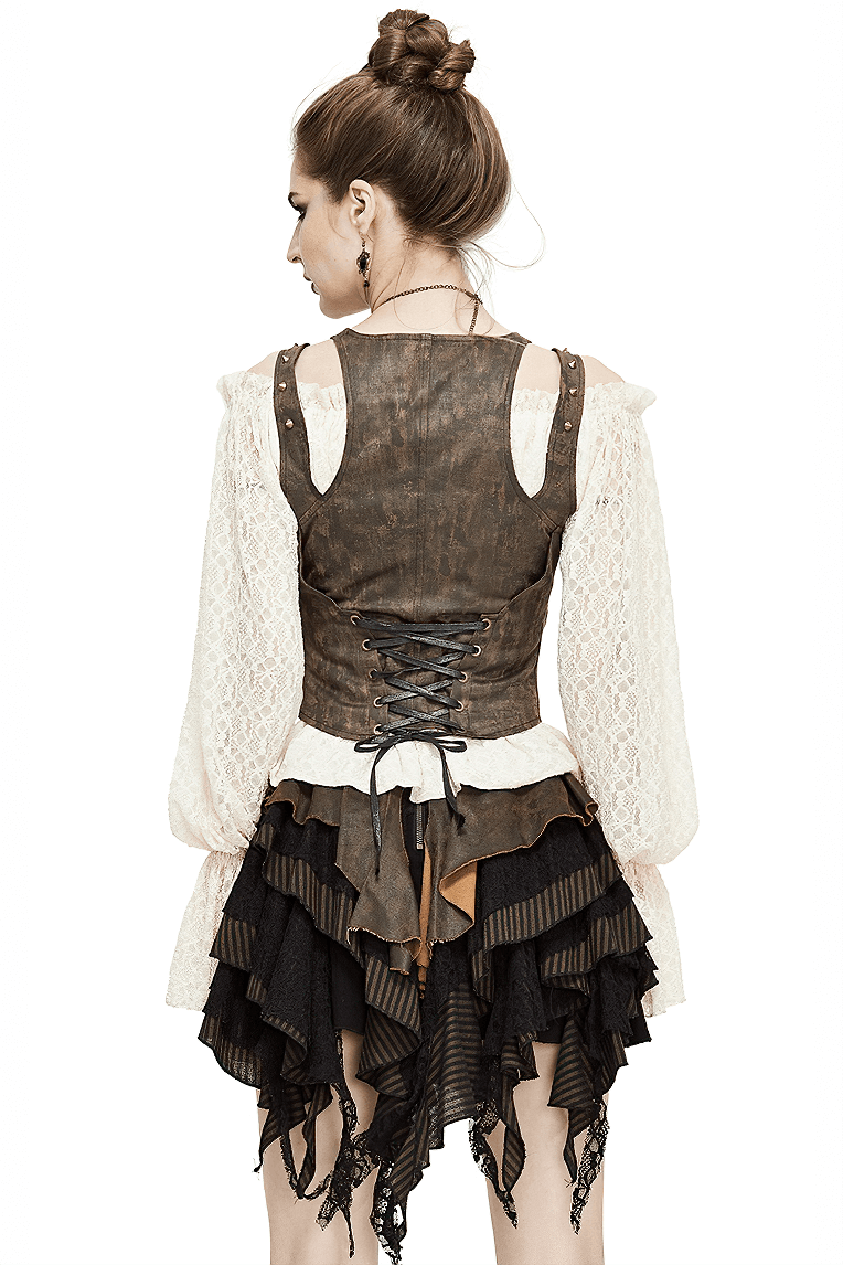 Steampunk Tight Waistcoat with Rivets / Vintage Brown Vest with Lace up on Back for Women - HARD'N'HEAVY