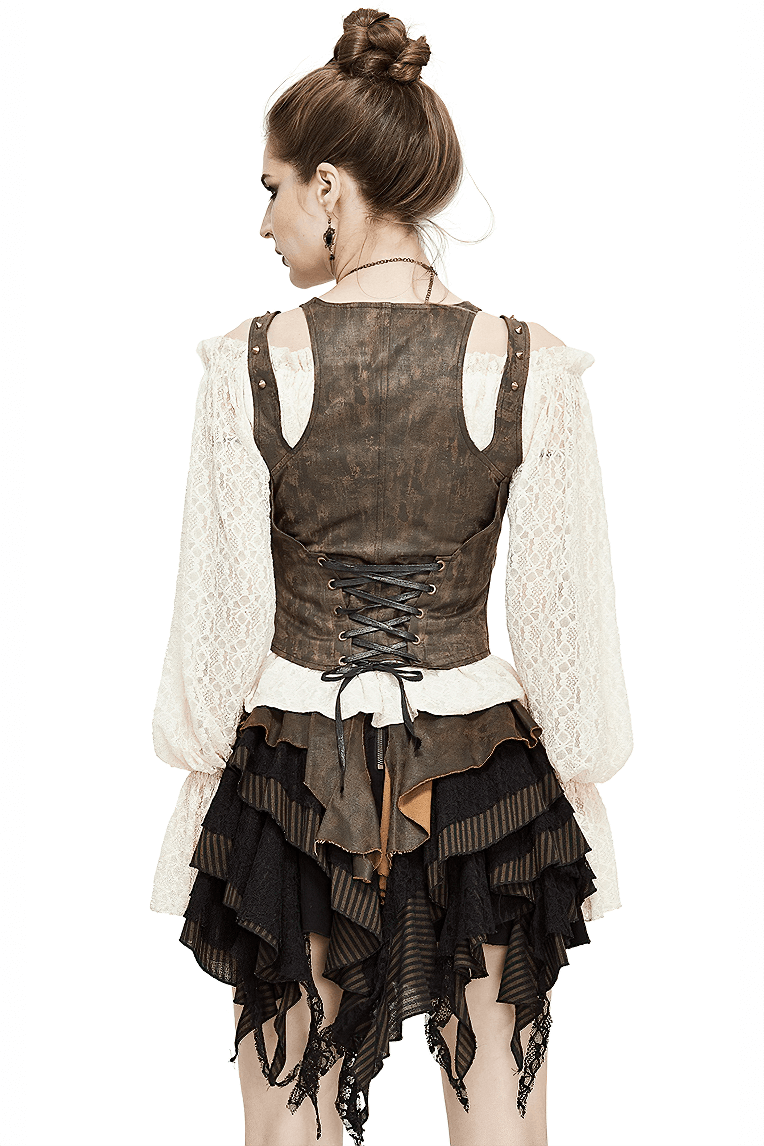 Vintage brown steampunk waistcoat with lace-up back and bronze rivets on a model, showcasing a stylish retro look.