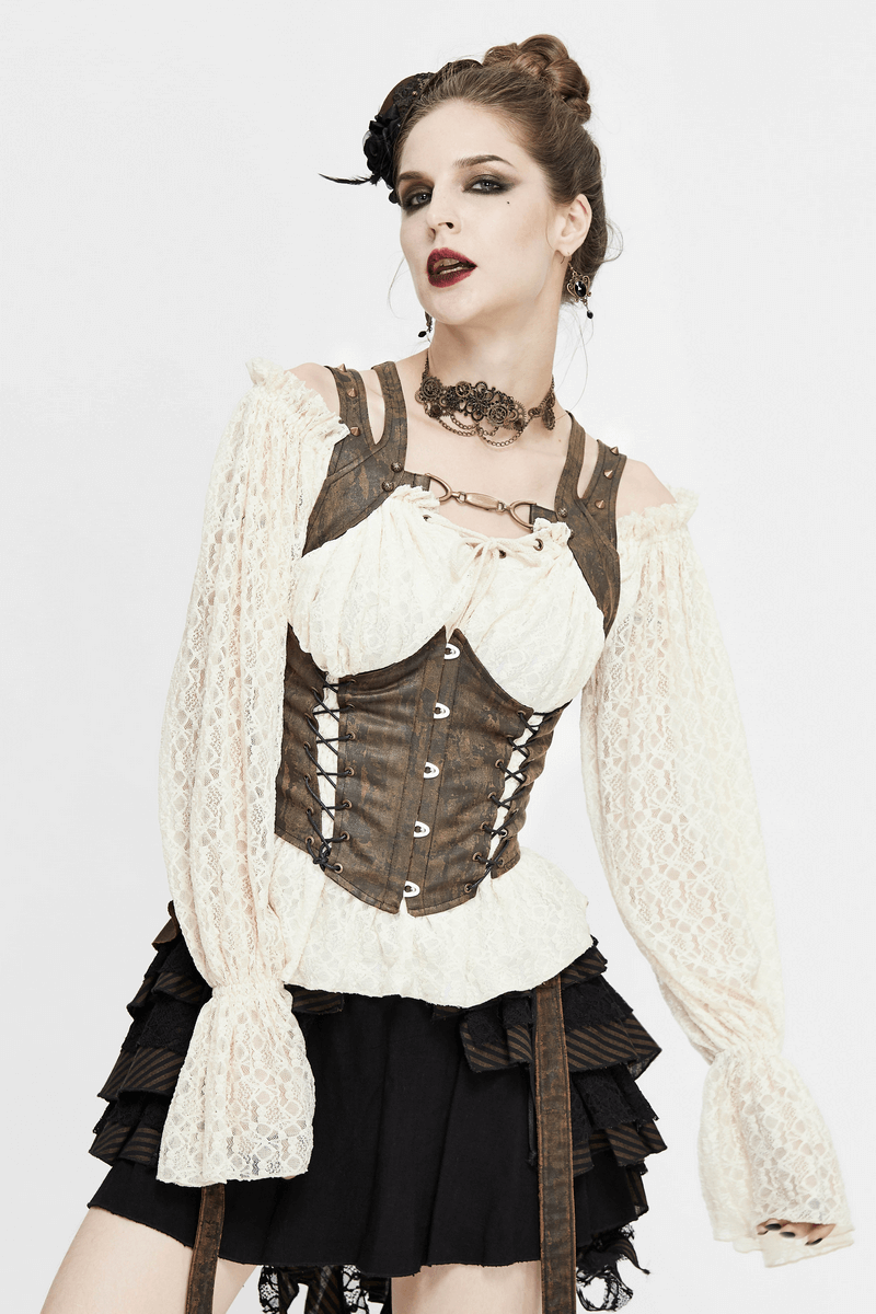 Model showcasing a vintage brown steampunk tight waistcoat with lace-up back and bronze rivets, paired with a lace top.
