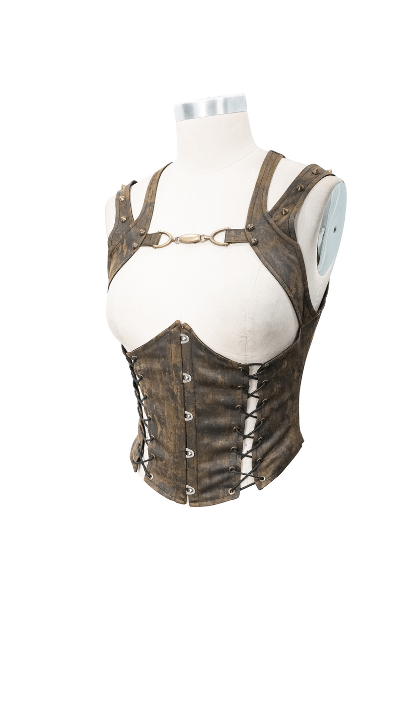 Steampunk women's brown PU leather vest with rivets and lace-up back, showcasing vintage style.