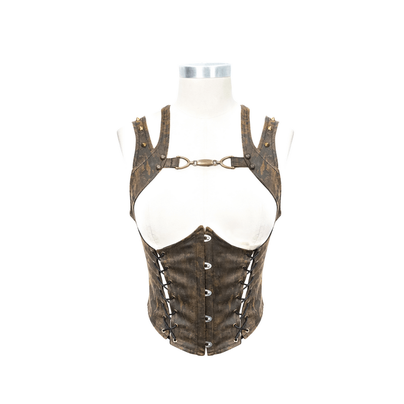 Steampunk brown PU leather vest with rivets and lace-up back for women, perfect for vintage fashion lovers.