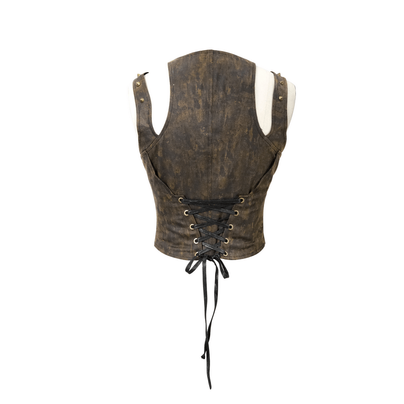 Back view of a vintage steampunk women's brown PU leather vest with lace-up design and bronze rivets.