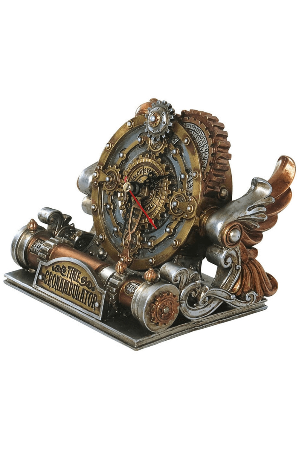 Antique steampunk clock with celestial design and quartz movement, featuring intricate gears and metallic finish.