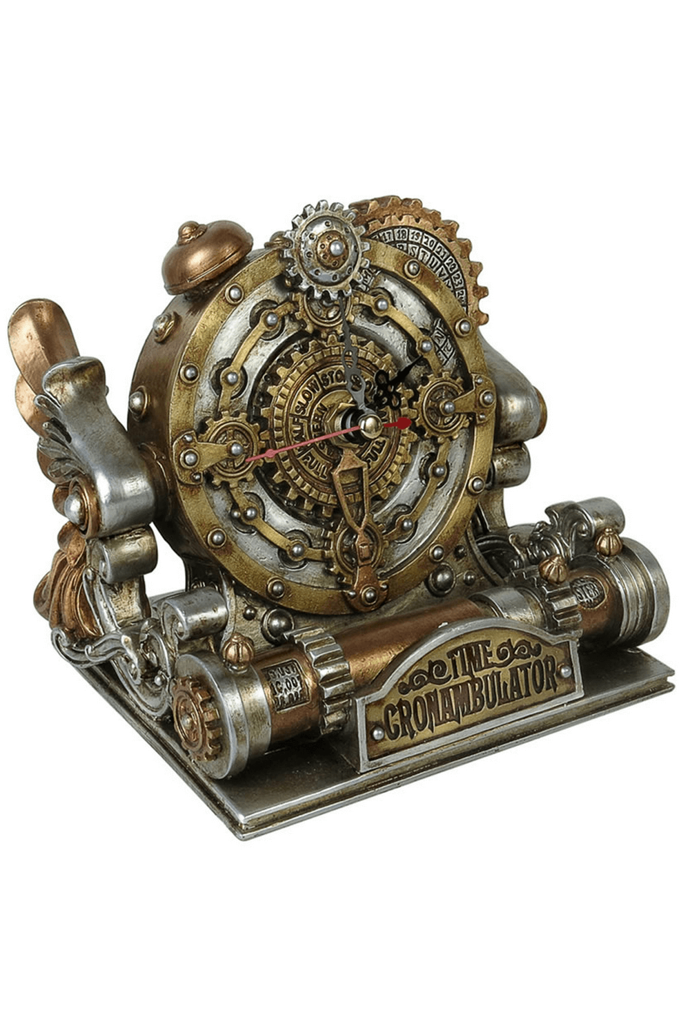 Steampunk Time Chronambulator Clock with celestial design, intricate gears, and antiqued metallic finish.