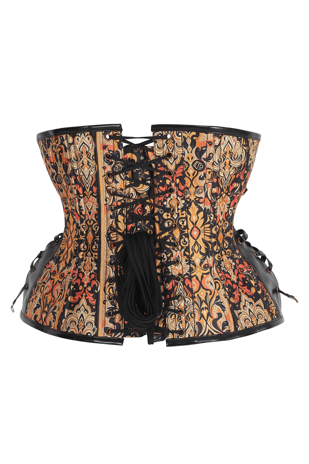 Steampunk underbust corset with Savage Baroque print, featuring intricate gold, red, and black designs and adjustable lacing.