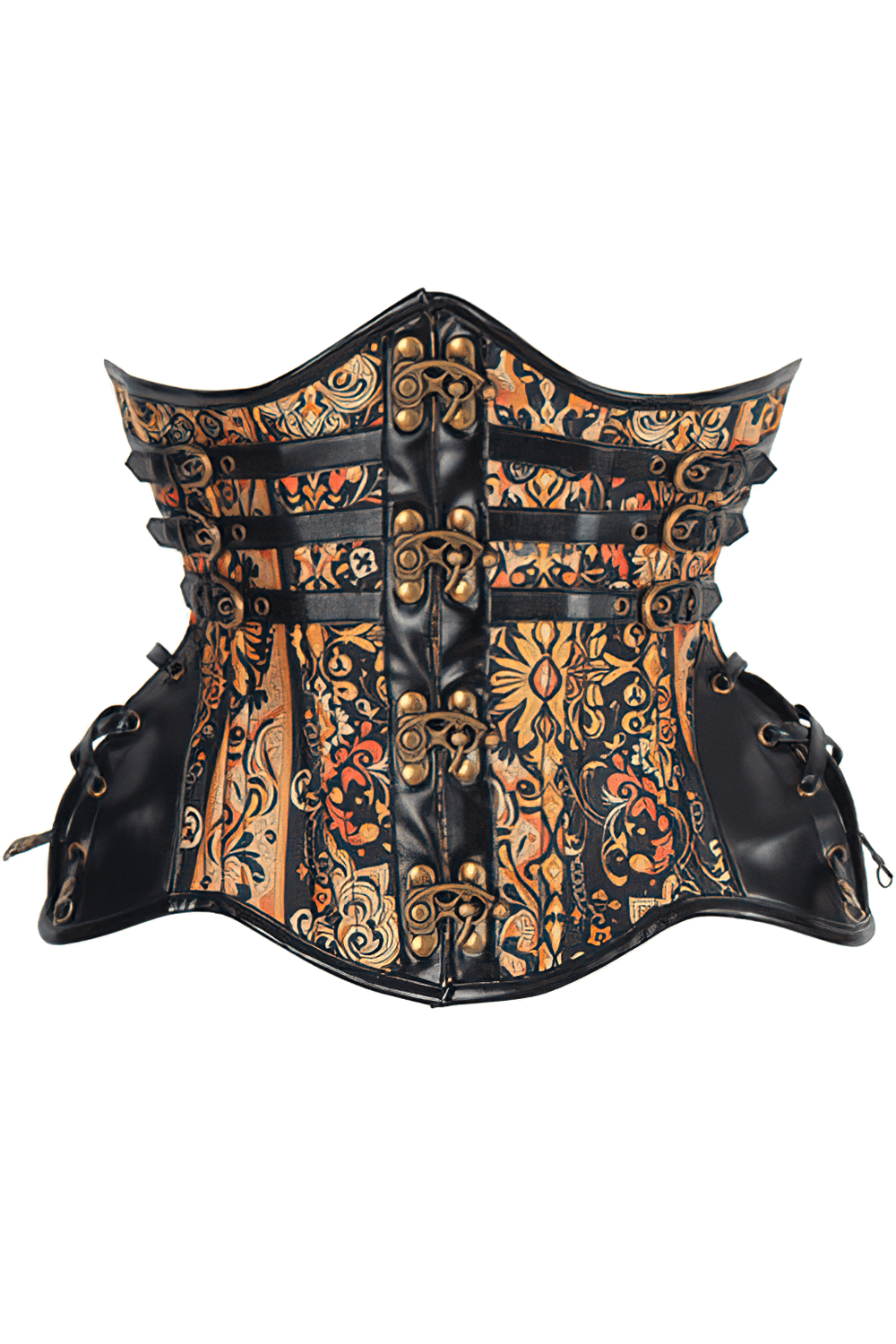 Steampunk underbust corset with savage baroque design in gold, red, and black tones, featuring steel boning and adjustable lacing.