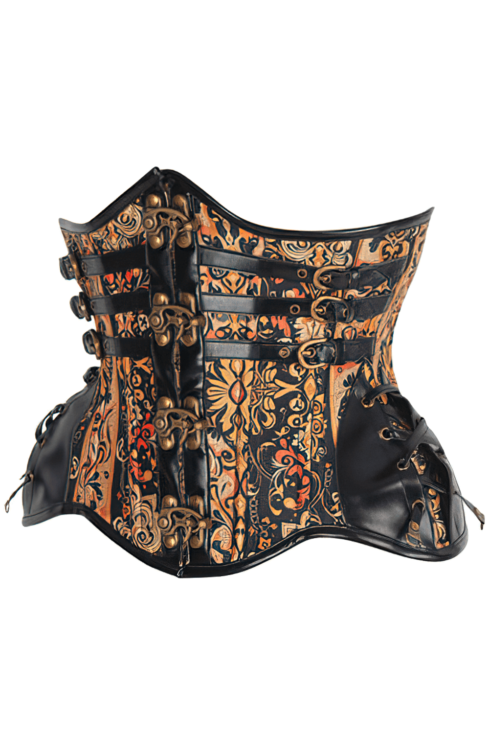 Steampunk underbust corset with savage baroque design in gold, red, and black for waist training and style.