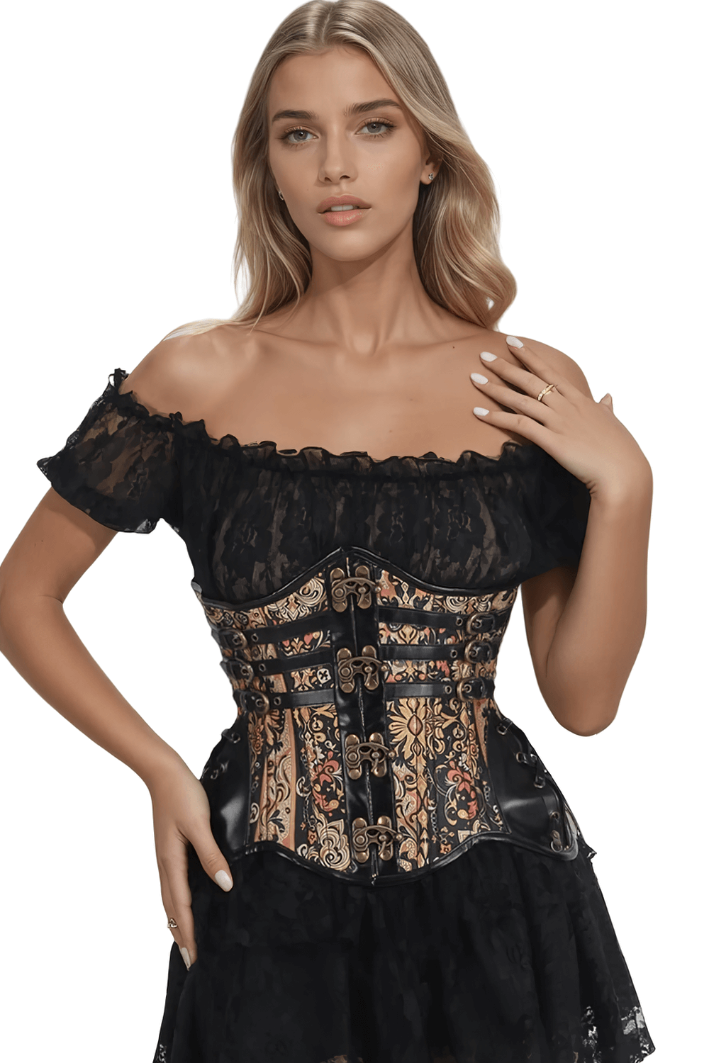 Elegant model wearing a steampunk underbust corset with savage baroque design in black and gold tones.