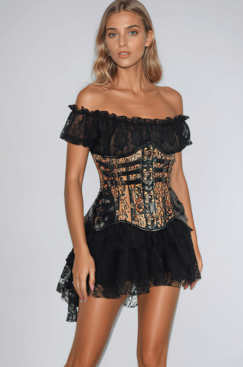 Steampunk underbust corset in Savage Baroque print, featuring lace, gold accents, and adjustable back lacing for waist training.