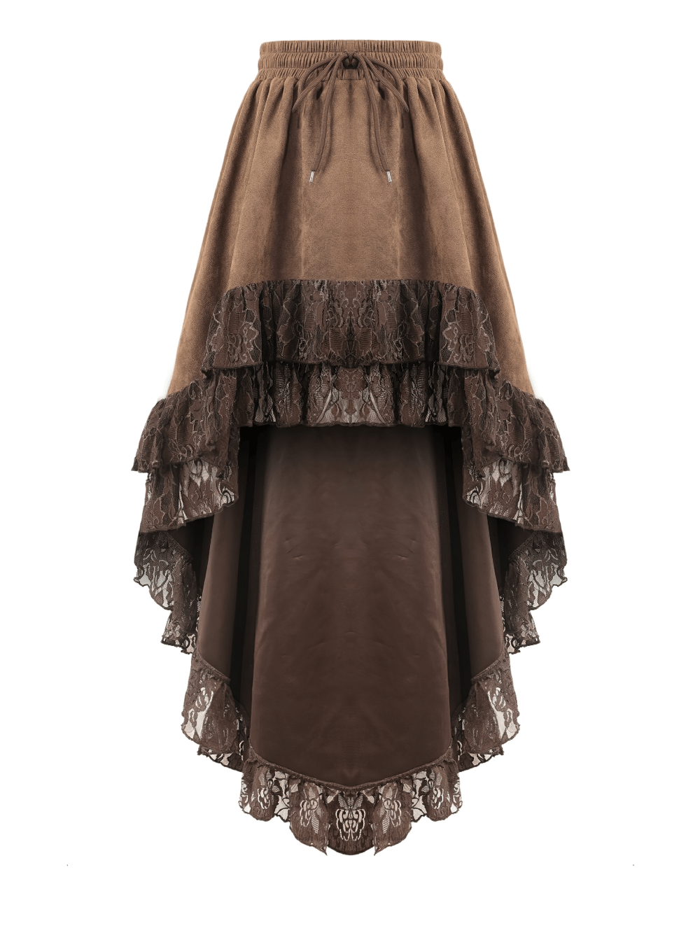 Steampunk Victorian Brown Lace Trim High Low Skirt with ruffled asymmetrical hem and floral lace details