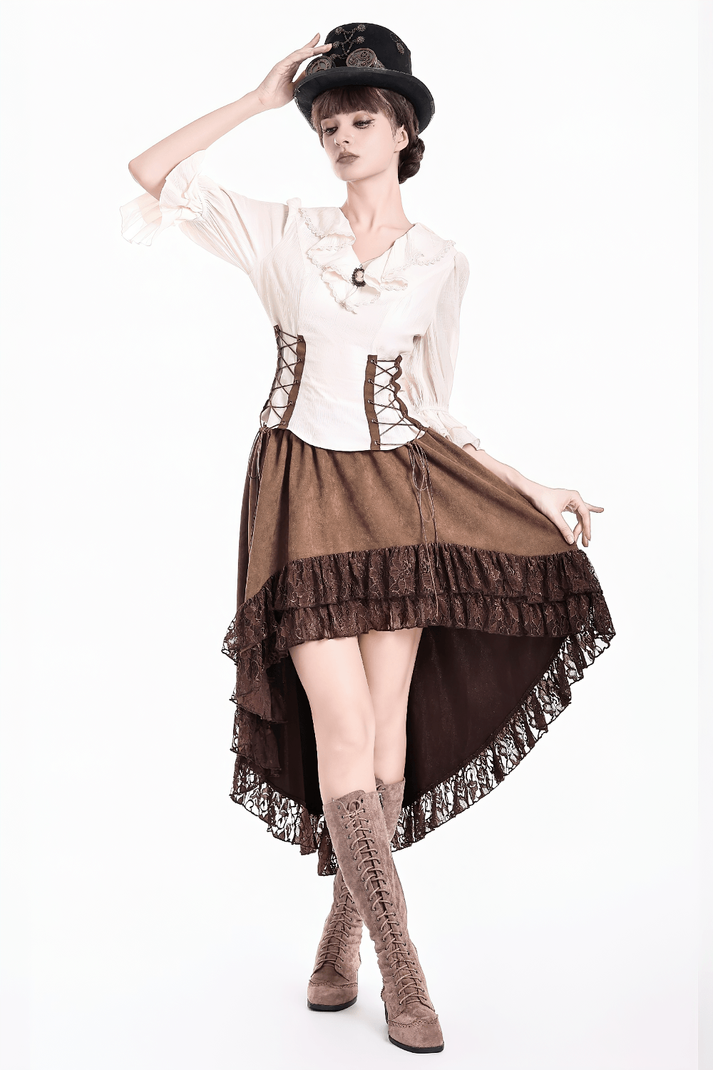 Steampunk Victorian Brown Lace Trim High Low Skirt with cascading lace ruffles, asymmetrical hem, and retro Western Gothic style