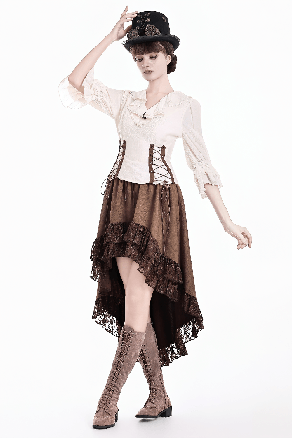 Steampunk Victorian Brown Lace Trim High Low Skirt, gothic asymmetrical maxi with floral ruffles and dramatic hem