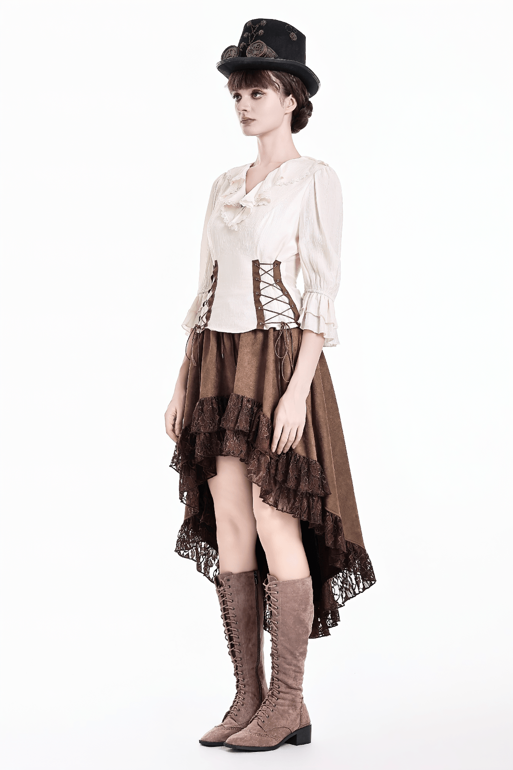 Steampunk Victorian Brown Lace Trim High Low Skirt with floral ruffles, asymmetrical hem, and retro Western Gothic style