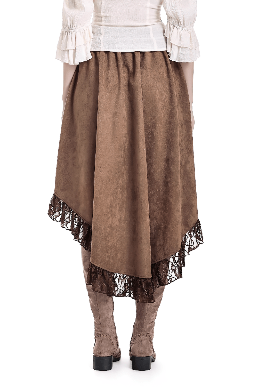 Steampunk Victorian Brown Lace Trim High Low Skirt with asymmetrical hem and gothic ruffles, perfect for corsets and boots