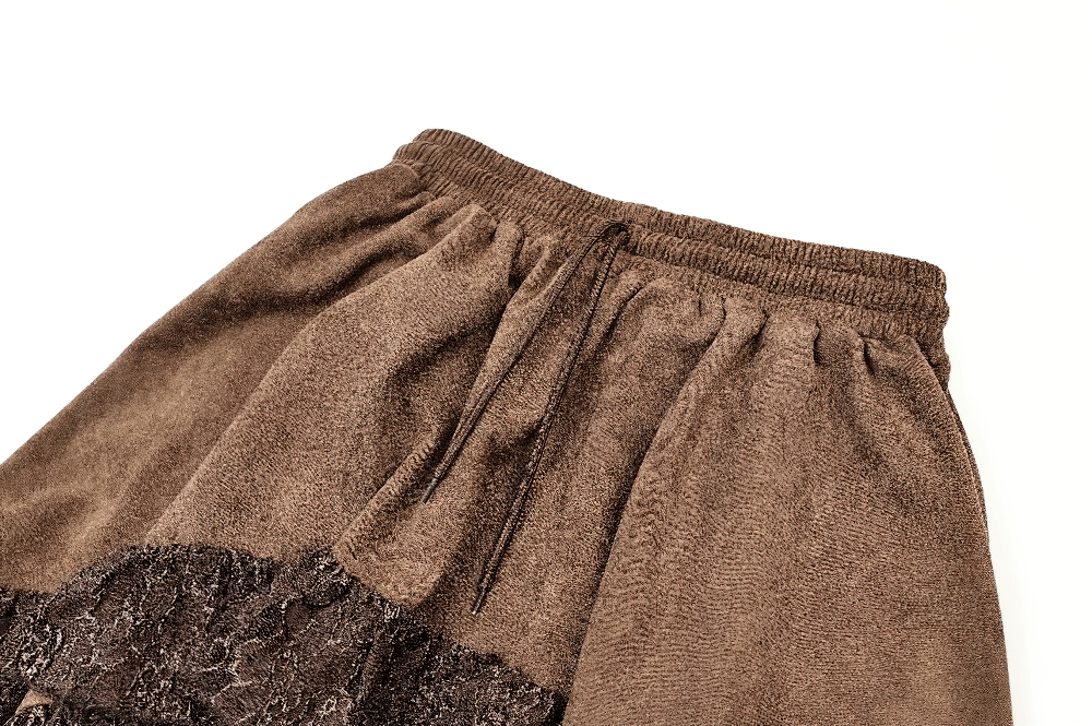 Steampunk Victorian Brown Lace Trim High Low Skirt with ruffled asymmetrical hem and drawstring waist