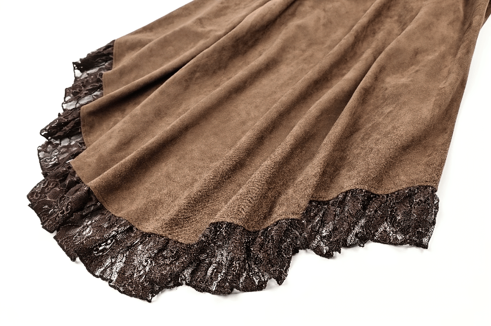 Steampunk Victorian Brown Lace Trim High Low Skirt with cascading ruffles and dramatic asymmetrical hem, Victorian Gothic style