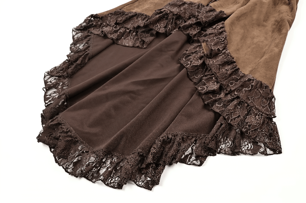 Steampunk Victorian Brown Lace Trim High Low Skirt with ruffled asymmetrical hem and floral lace details