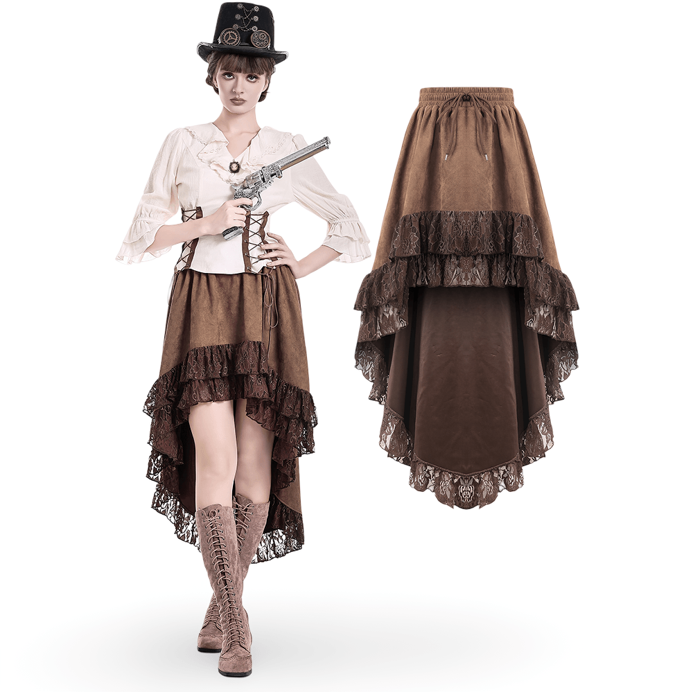 Steampunk Victorian Brown Lace Trim High Low Skirt, brown one size, ruffled asymmetrical maxi with lace trim