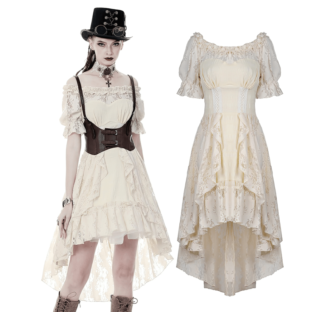 Steampunk Victorian off-shoulder lace dress with corset belt, showcasing vintage elegance and bohemian flair.