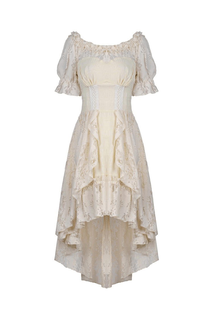 Vintage off-shoulder lace dress with short sleeves and a tiered skirt, perfect for steampunk and bohemian styles.