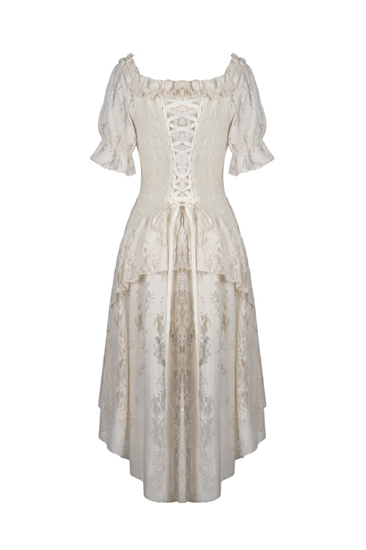 Elegant off-shoulder vintage lace dress with short sleeves and corset detail, embodying steampunk charm.