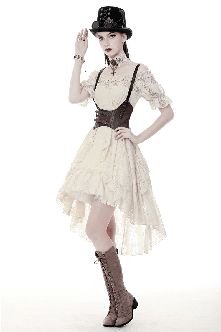 Elegant steampunk Victorian off-shoulder lace dress with corset belt and stylish top hat.