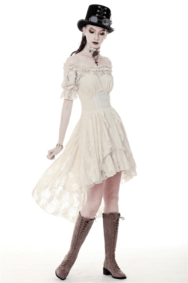 Elegant steampunk Victorian off-shoulder lace dress with short sleeves, perfect for vintage-inspired fashion lovers.