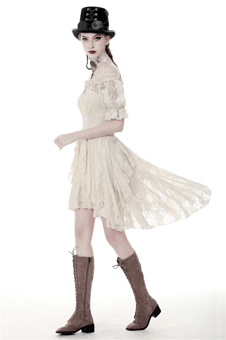 Vintage lace off-shoulder dress featuring a steampunk corset belt and short sleeves, styled with a whimsical top hat.