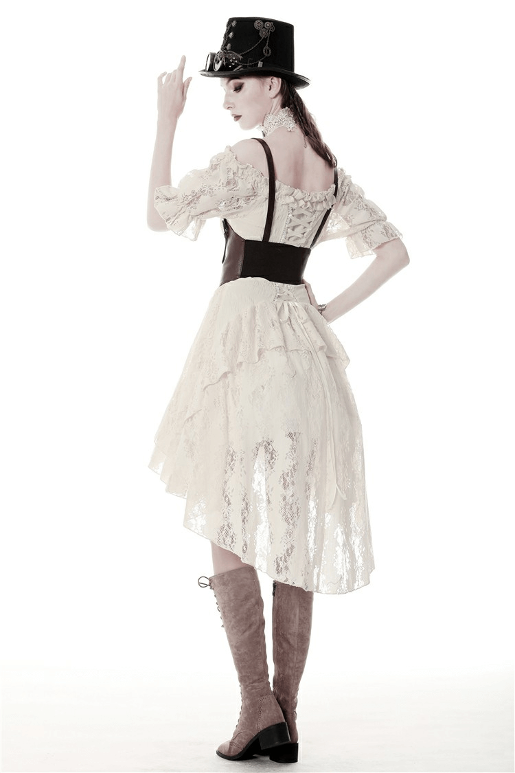 Back view of a woman in a steampunk Victorian off-shoulder lace dress with a corset belt and stylish boots.