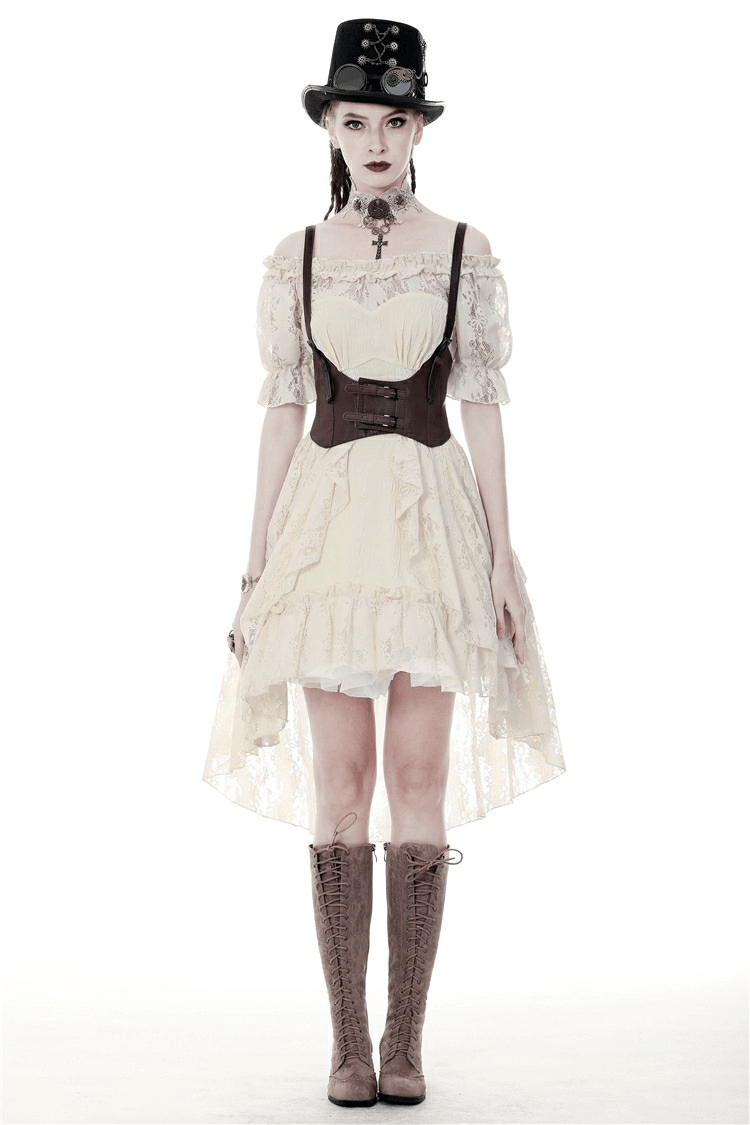 Steampunk Victorian off-shoulder lace dress with corset belt and short sleeves, perfect for vintage-inspired fashion.