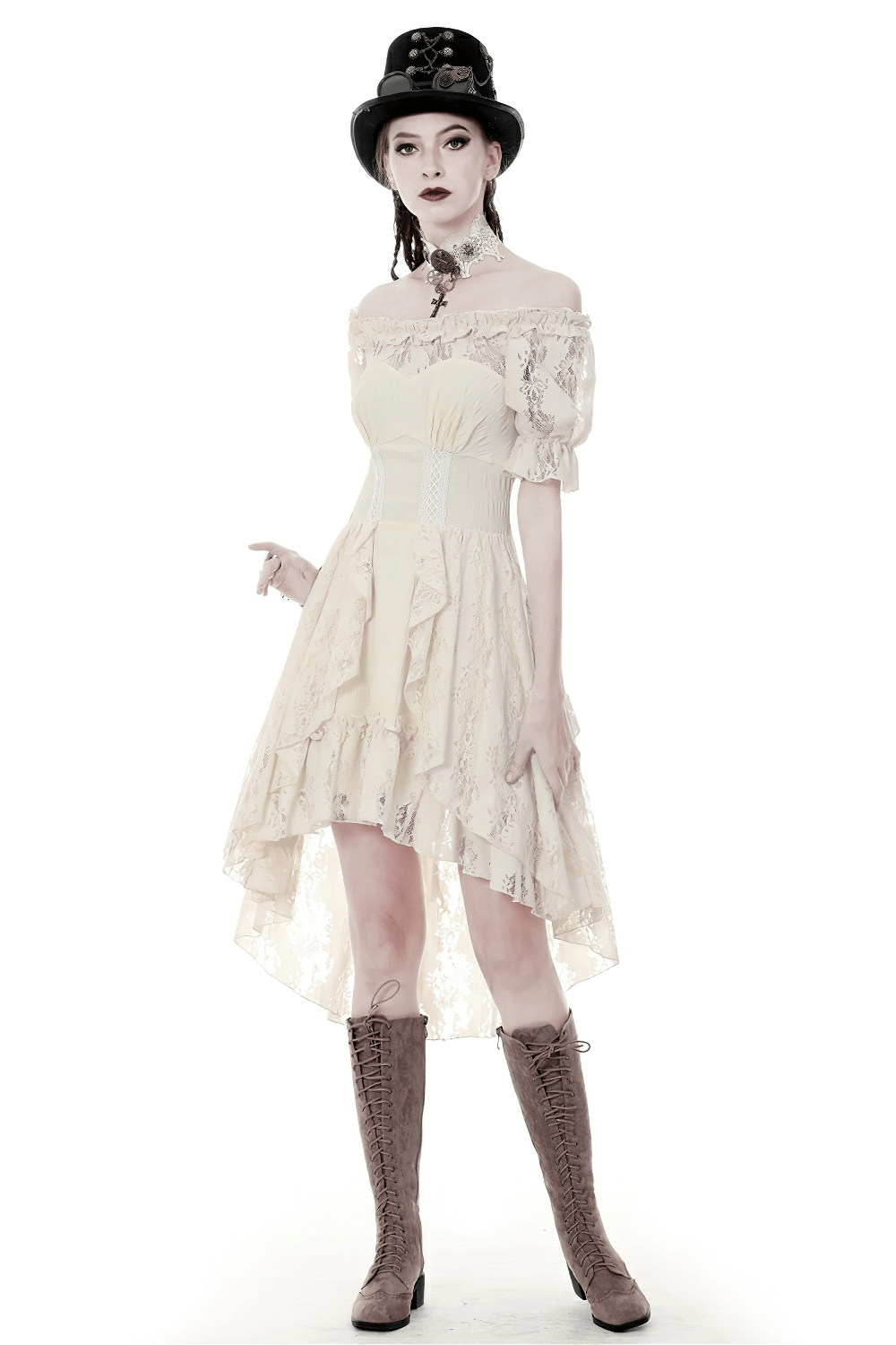 Model wearing a steampunk Victorian off-shoulder lace dress with a corset belt and knee-high boots.