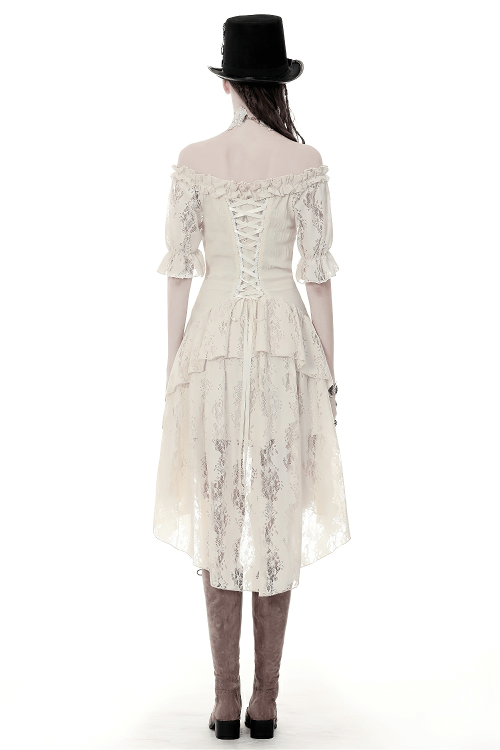 Back view of a steampunk Victorian off-shoulder lace dress with short sleeves and a corset belt.