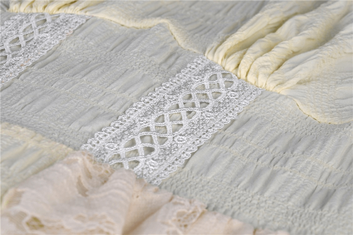 Close-up of delicate vintage lace detailing on soft fabrics, showcasing steampunk elegance.