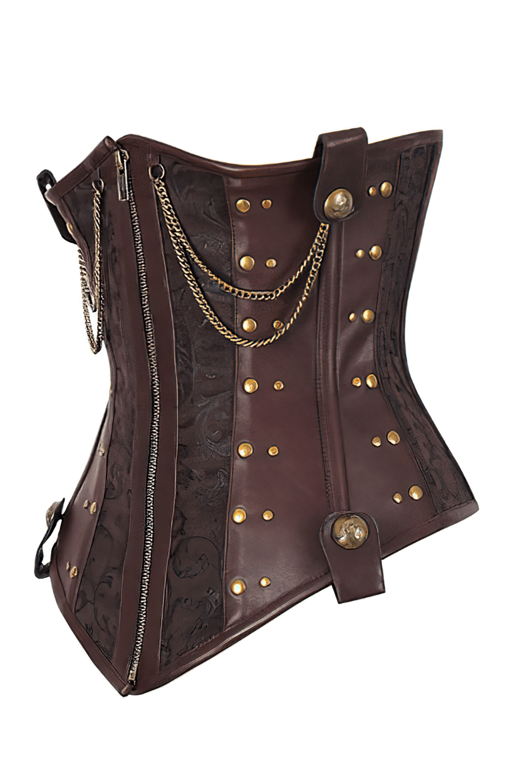 Steampunk waist trainer corset in brown with brass accents, chains, and asymmetrical zipper for gothic cosplay.