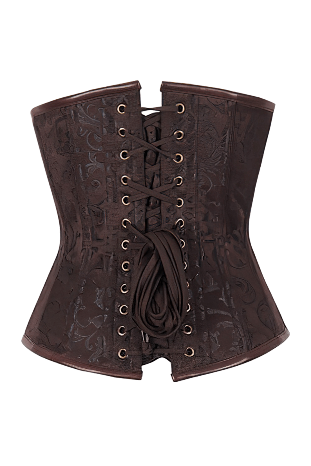 Steampunk waist trainer corset in brown fabric with lace-up front and intricate design, perfect for gothic cosplay and waist sculpting.