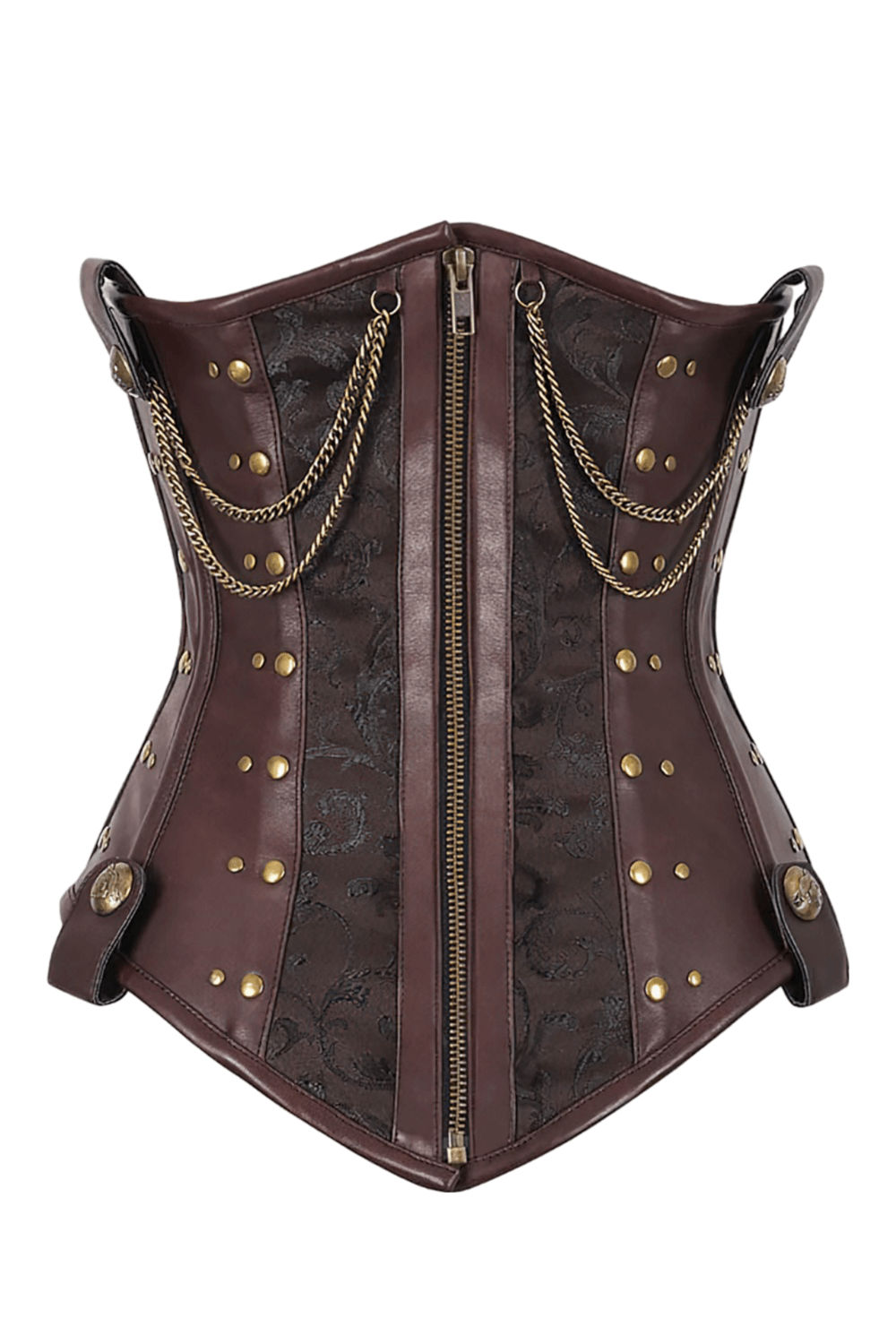 Steampunk waist trainer corset with steel boning, asymmetrical zipper, and brass accents for gothic cosplay.